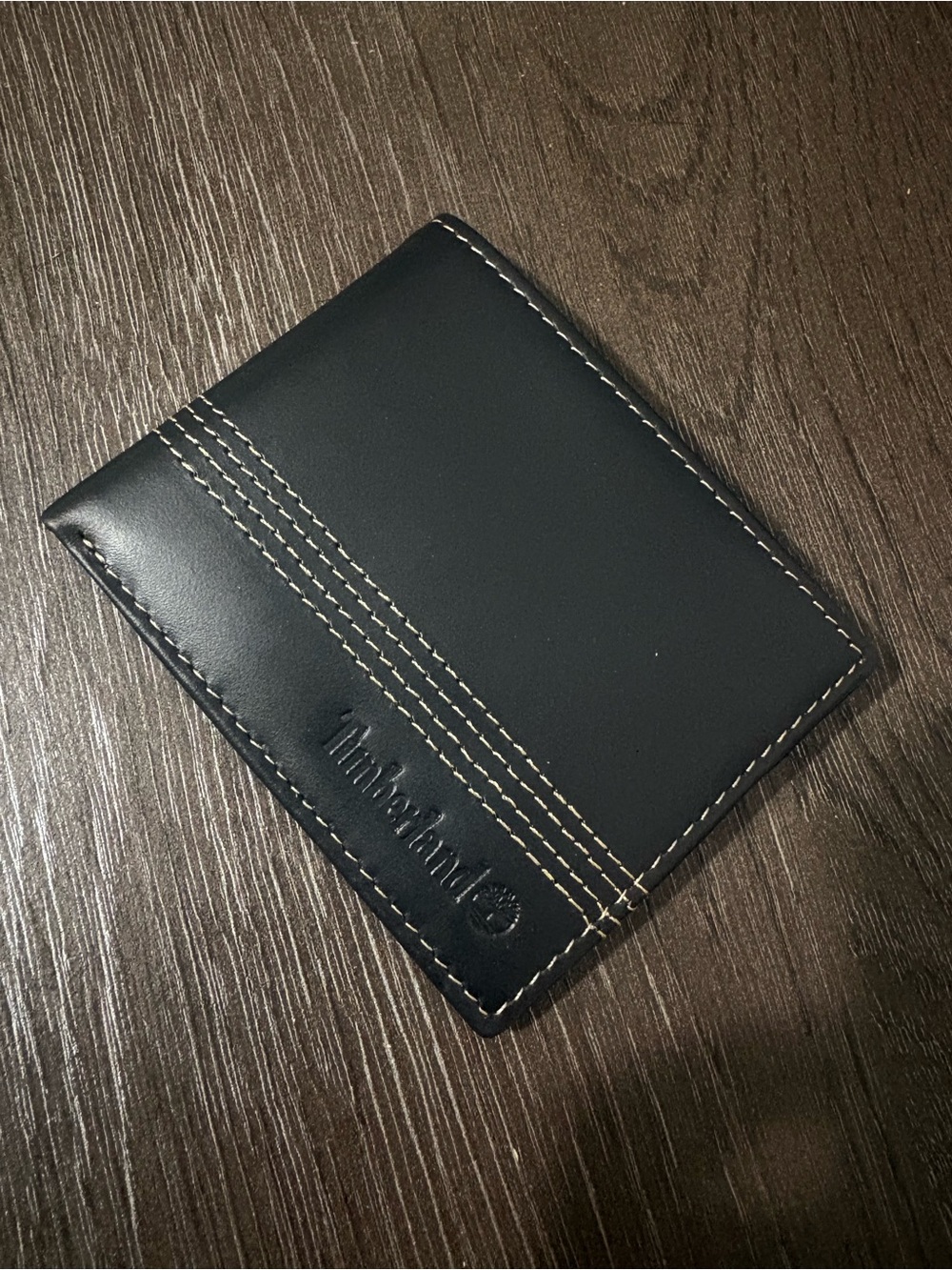 Timberland Black Leather Bifold Wallet with Contrast Cream Stitching